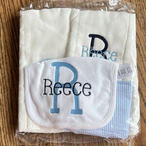REECE personalized blue and white bib and burp cloths